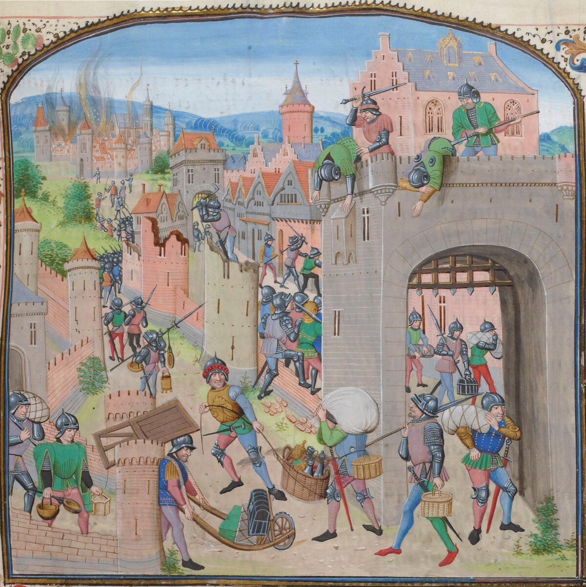 A 15th-century Froissart Chronicles illumination of armed soldiers sacking a fortified medieval town