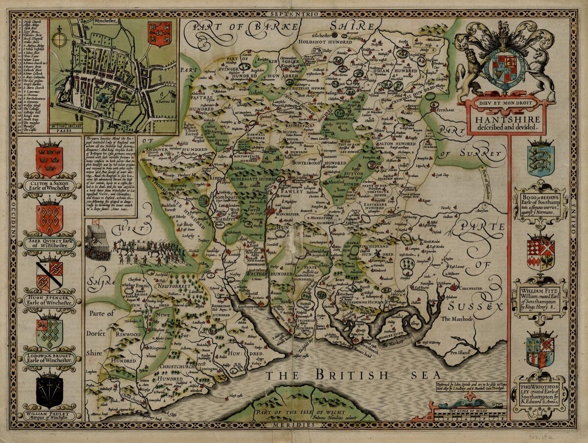 John Speed's 1611 map of Hampshire, with Southampton inset